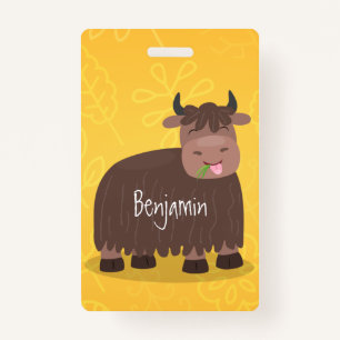Funny happy yak eating grass cartoon illustration badge