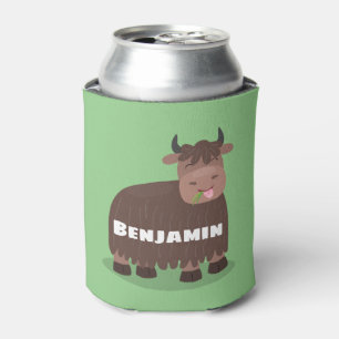Funny happy yak eating grass cartoon illustration can cooler