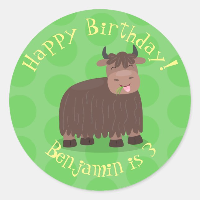Funny happy yak eating grass cartoon illustration classic round sticker (Front)