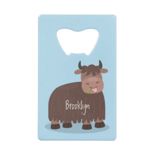 Funny happy yak eating grass cartoon illustration credit card bottle opener