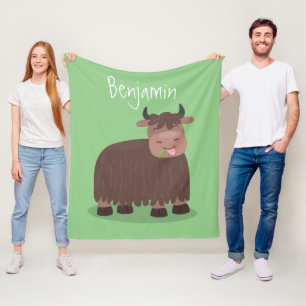 Funny happy yak eating grass cartoon illustration fleece blanket