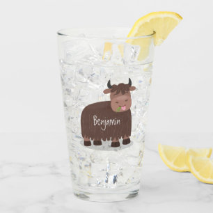 Funny happy yak eating grass cartoon illustration glass