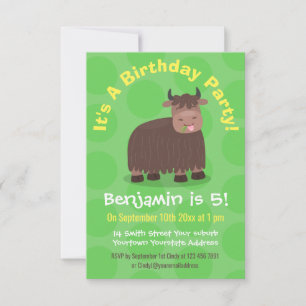 Funny happy yak eating grass cartoon illustration invitation