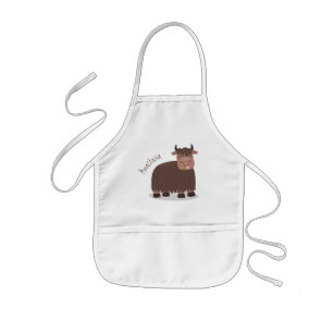 Funny happy yak eating grass cartoon illustration kids apron