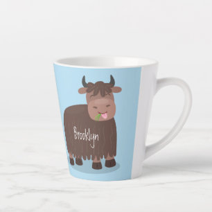 Funny happy yak eating grass cartoon illustration latte mug