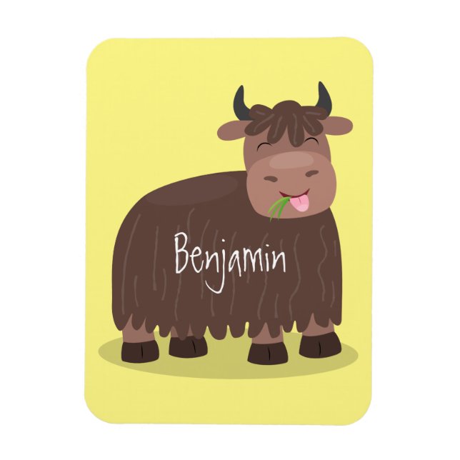 Funny happy yak eating grass cartoon illustration magnet (Vertical)