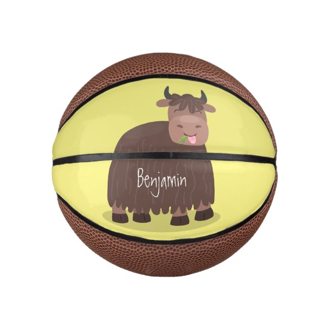 Funny happy yak eating grass cartoon illustration mini basketball (Front)