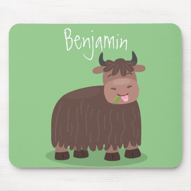 Funny happy yak eating grass cartoon illustration mouse pad (Front)