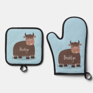Funny happy yak eating grass cartoon illustration oven mitt & pot holder set