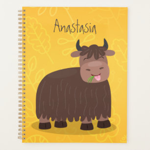 Funny happy yak eating grass cartoon illustration planner