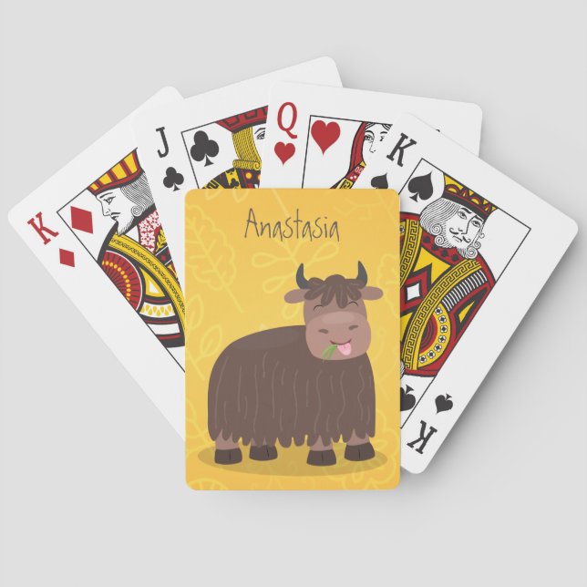 Funny happy yak eating grass cartoon illustration playing cards (Back)
