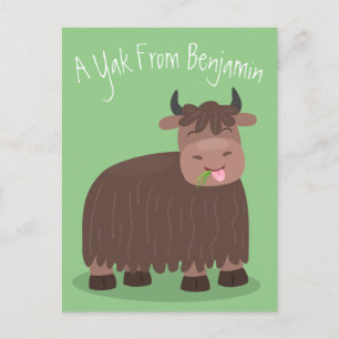 Funny happy yak eating grass cartoon illustration postcard