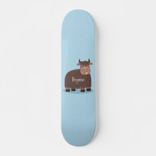 Funny happy yak eating grass cartoon illustration skateboard