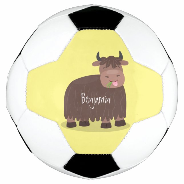 Funny happy yak eating grass cartoon illustration soccer ball (Front)