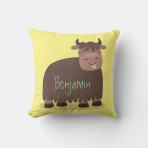 Funny happy yak eating grass cartoon illustration throw pillow