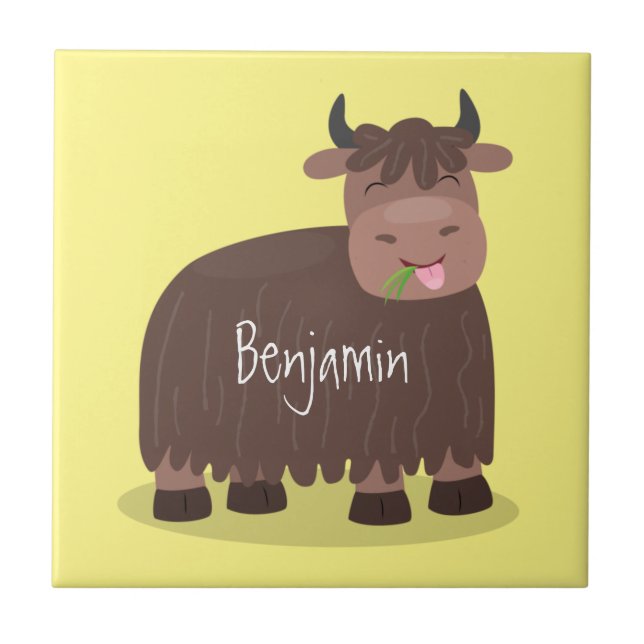 Funny happy yak eating grass cartoon illustration tile (Front)
