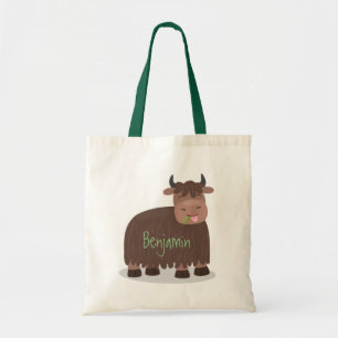 Funny happy yak eating grass cartoon illustration tote bag