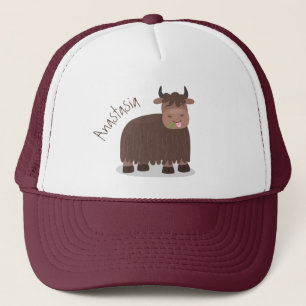 Funny happy yak eating grass cartoon illustration trucker hat