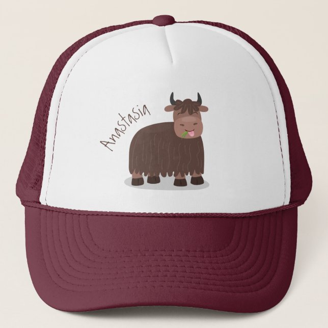 Funny happy yak eating grass cartoon illustration trucker hat (Front)