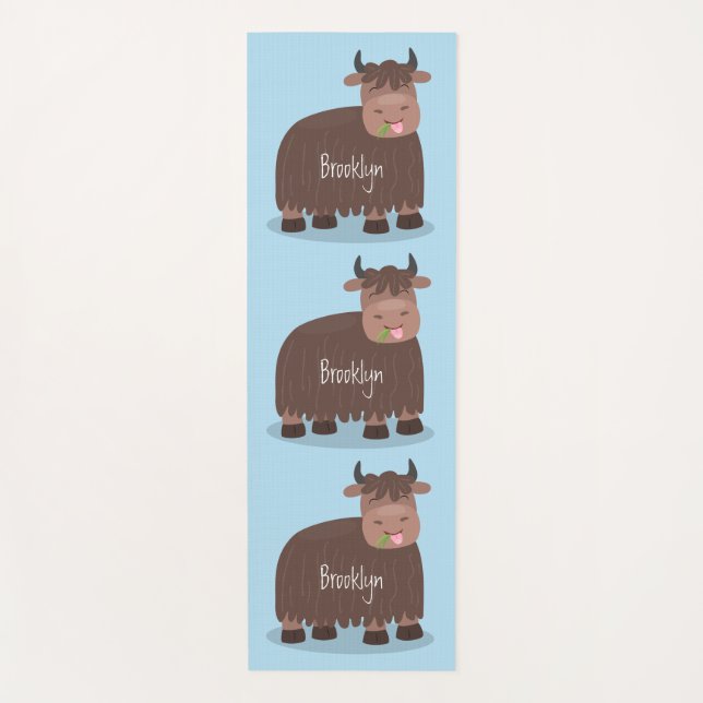 Funny happy yak eating grass cartoon illustration yoga mat (Front)