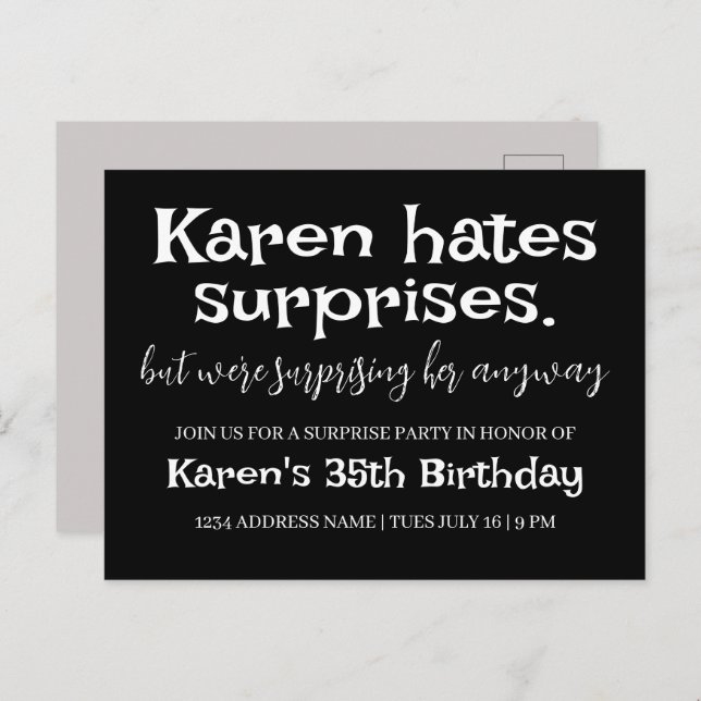 Funny Hates Surprises Party Modern Add Details Postcard (Front/Back)
