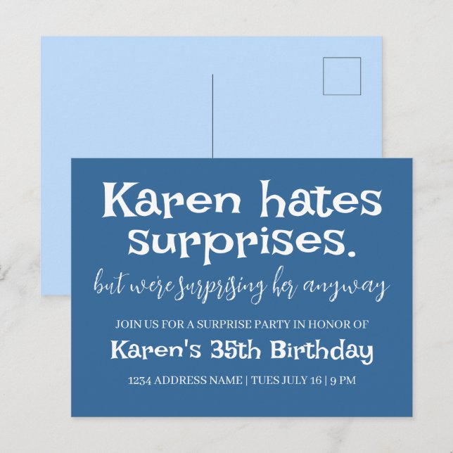 Funny Hates Surprises Party Modern Add Details Postcard (Front/Back)