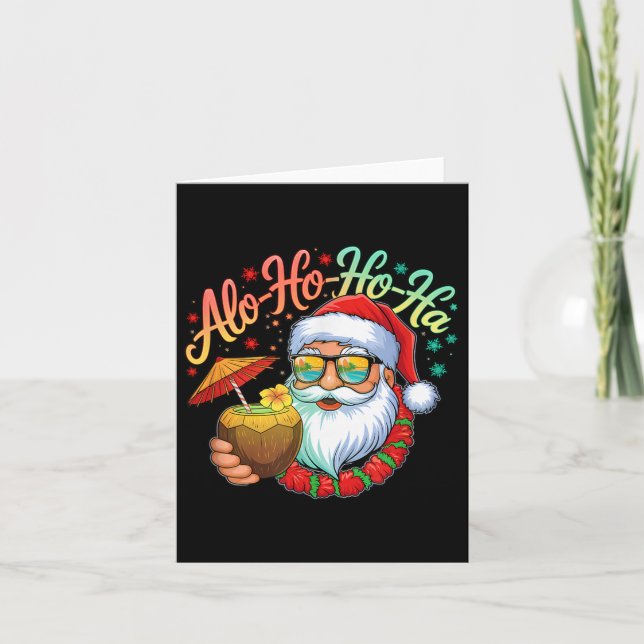 Funny Hawaiian Alo-ho-ho-ha Santa Surfing Christma Card (Front)