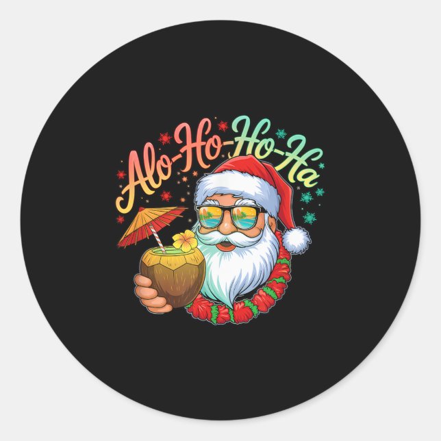 Funny Hawaiian Alo-ho-ho-ha Santa Surfing Christma Classic Round Sticker (Front)
