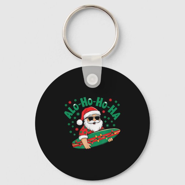 Funny Hawaiian Alo-ho-ho-ha Santa Surfing Christma Keychain (Front)