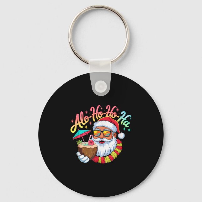Funny Hawaiian Alo-ho-ho-ha Santa Surfing Christma Keychain (Front)