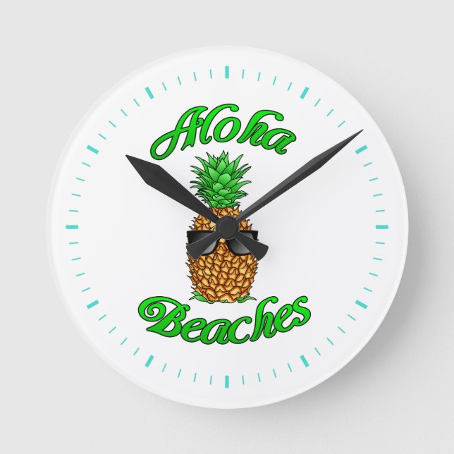 Funny Hawaiian Pineapple Aloha Beaches Round Clock (Front)