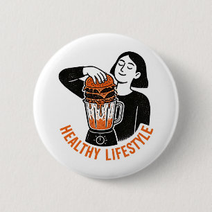 Funny Healthy Lifestyle Burger Blender Linocut 2 Inch Round Button