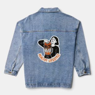 Funny Healthy Lifestyle Burger Blender Linocut  Denim Jacket