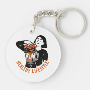 Funny Healthy Lifestyle Burger Blender Linocut Keychain