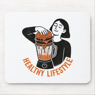 Funny Healthy Lifestyle Burger Blender Linocut Mouse Pad