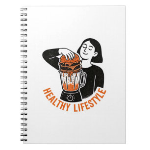 Funny Healthy Lifestyle Burger Blender Linocut Notebook