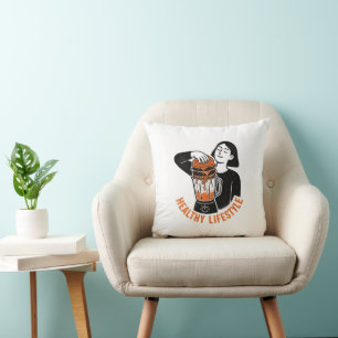 Funny Healthy Lifestyle Burger Blender Linocut Throw Pillow