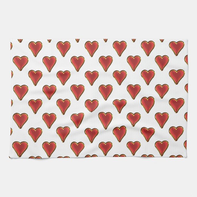 Funny Heart Pattern gold red + your backgr. & text Kitchen Towel (Horizontal)