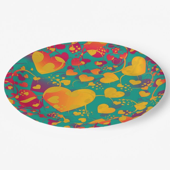 Funny Heart Pattern IX - green red yellow Paper Plate (Angled)