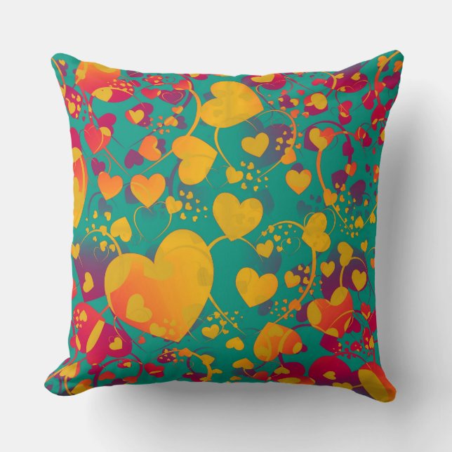 Funny Heart Pattern IX - green red yellow Throw Pillow (Front)