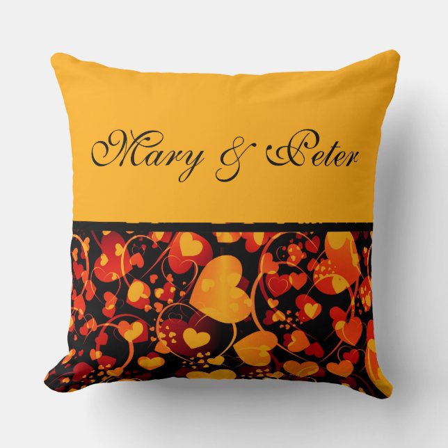 Funny Heart Pattern VIII - black red yellow + name Throw Pillow (Front)