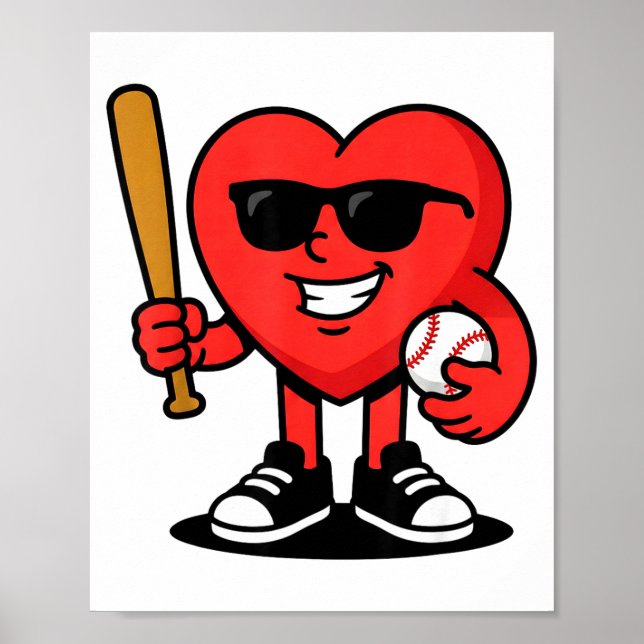Funny Heart Playing Baseball Valentine Baseball Fa Poster (Front)