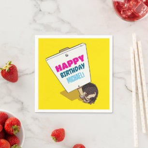 Funny Hedgehog Add The Name Happy Birthday Cartoon Napkin