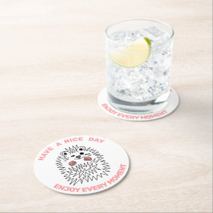 Funny Hedgehog. Enjoy Every Moment Positive Round Paper Coaster