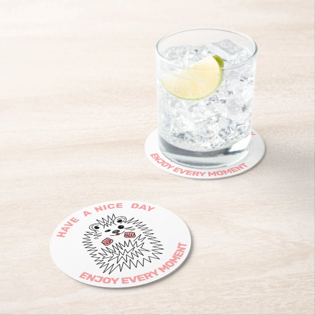 Funny Hedgehog. Enjoy Every Moment Positive Round Paper Coaster (Insitu)