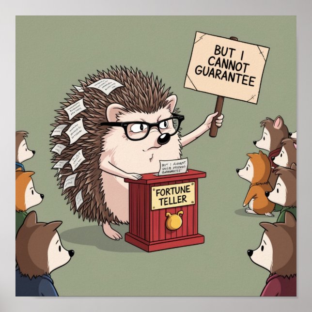 Funny Hedgehog Fortune Teller with "No Guarantee" Poster (Front)