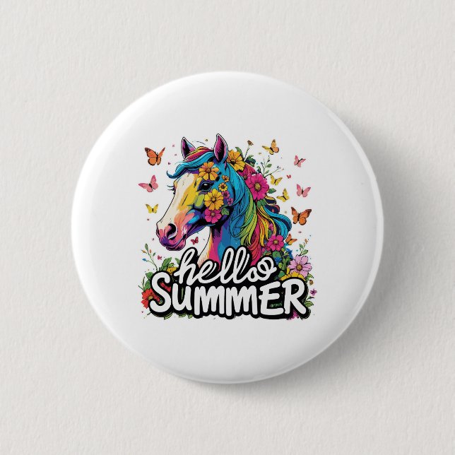 Funny Hello Summer Horse 2 Inch Round Button (Front)