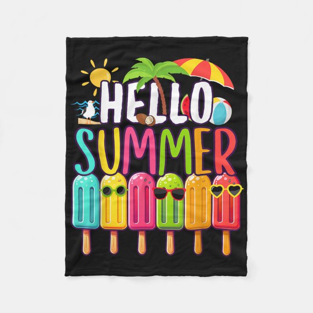 Funny Hello Summer Vacation Popsicle Ice Lolly Ice Fleece Blanket (Front)