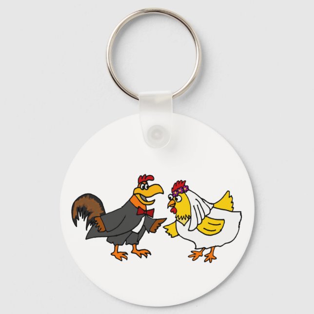 Funny Hen Bride and Rooster Groom Wedding Keychain (Front)
