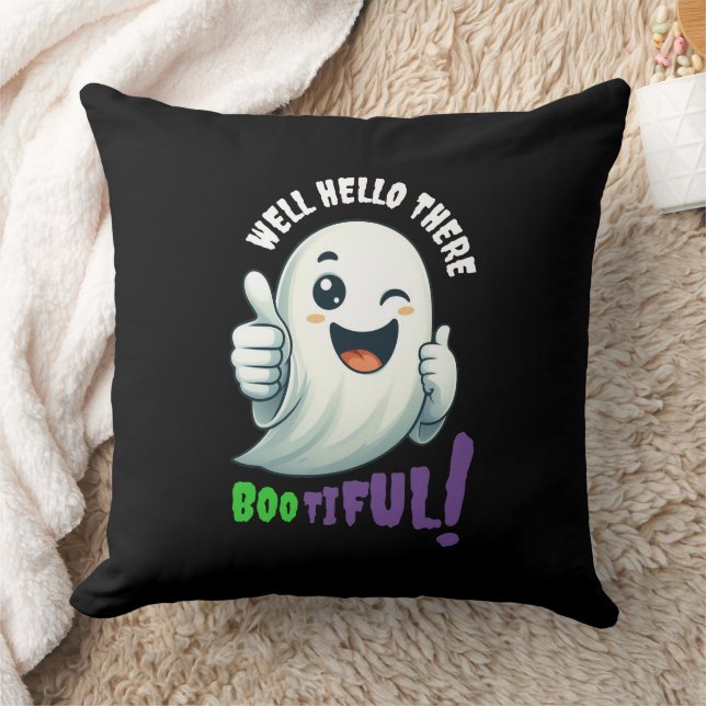 Funny Hey Boo-tiful! Cute Winking Ghost Throw Pillow (Blanket)